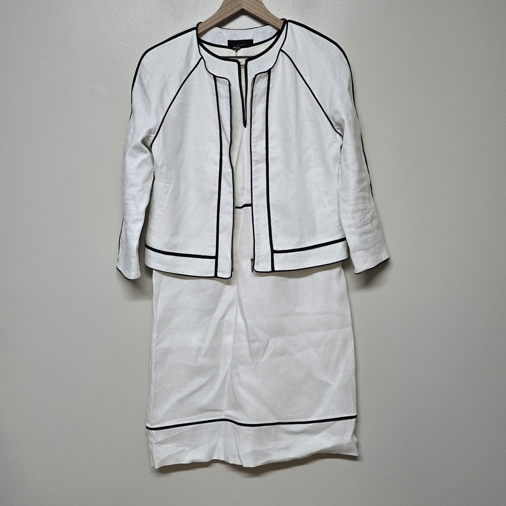 J. Crew Womens White Herringbone Linen Black Piping Dress and Jacket Sz 6 Office